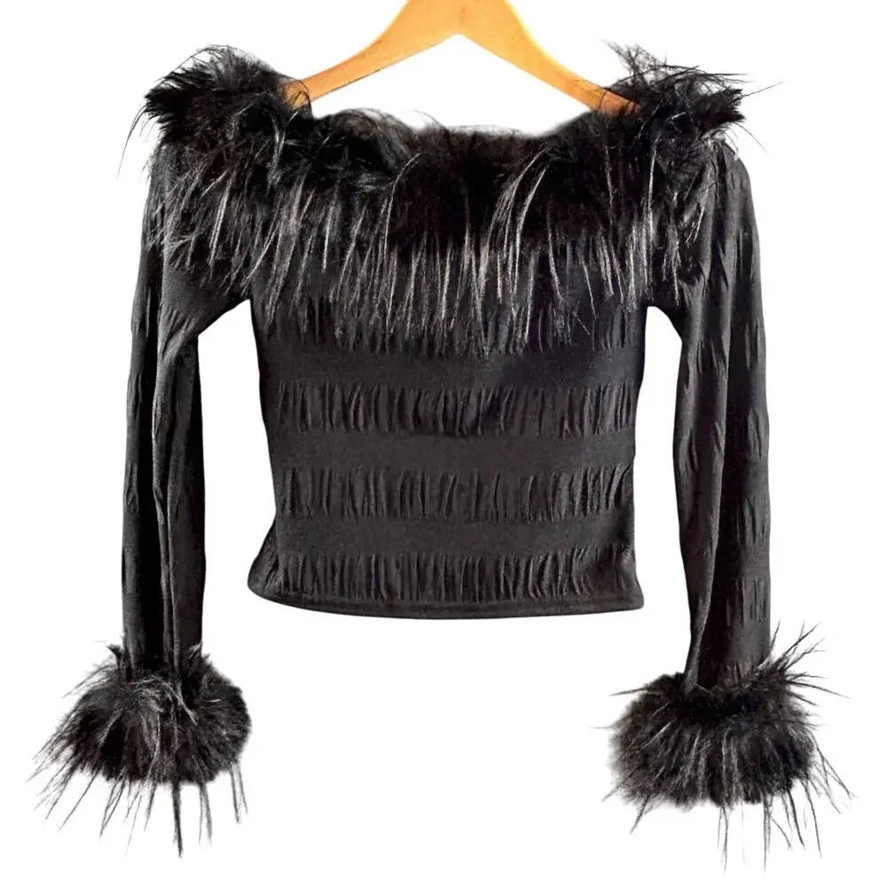 Y2K Style Black Feather Trim Coquette Goth Long Sleeve 90s 2000s Party Clubwear - Picture 2 of 5